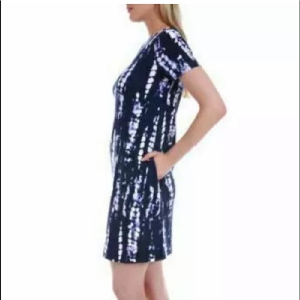 Ellen Tracy Tie Dye T-Shirt Dress in White and Blue US Small